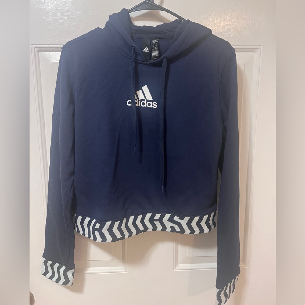 ADIDAS Girls large 
Navy blue cropped sweatshirt with hoodie